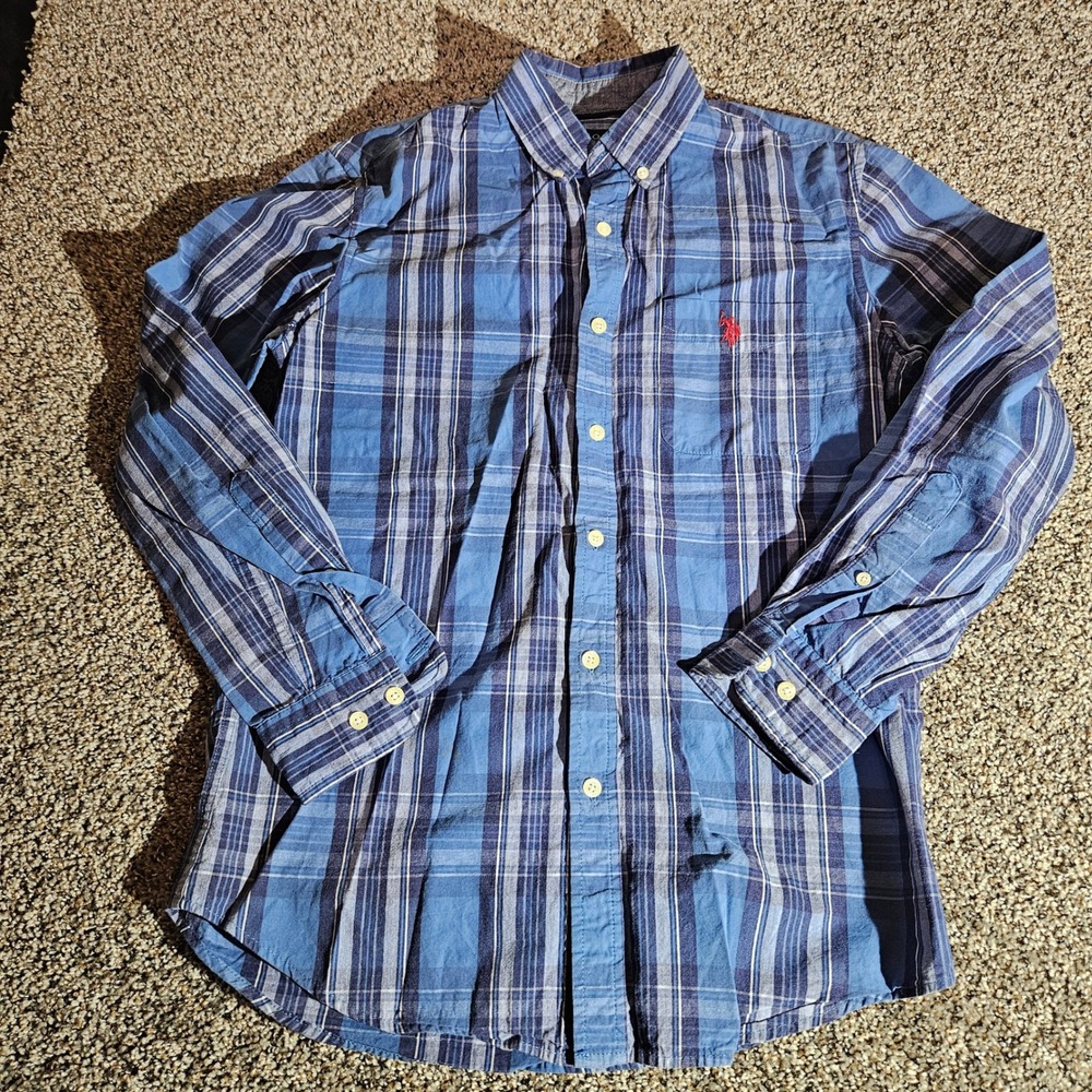 US Polo Assn Mens Small Blue Plaid Button Down Long Sleeve Cotton Shirt 1199458Z
